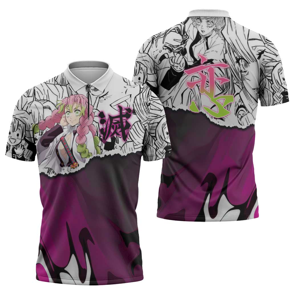 Mitsuri Kanroji Demon Slayer Manga Collage Zipper Polo Shirt with Pink and Purple Love Hashira Aesthetic - The Mazicc