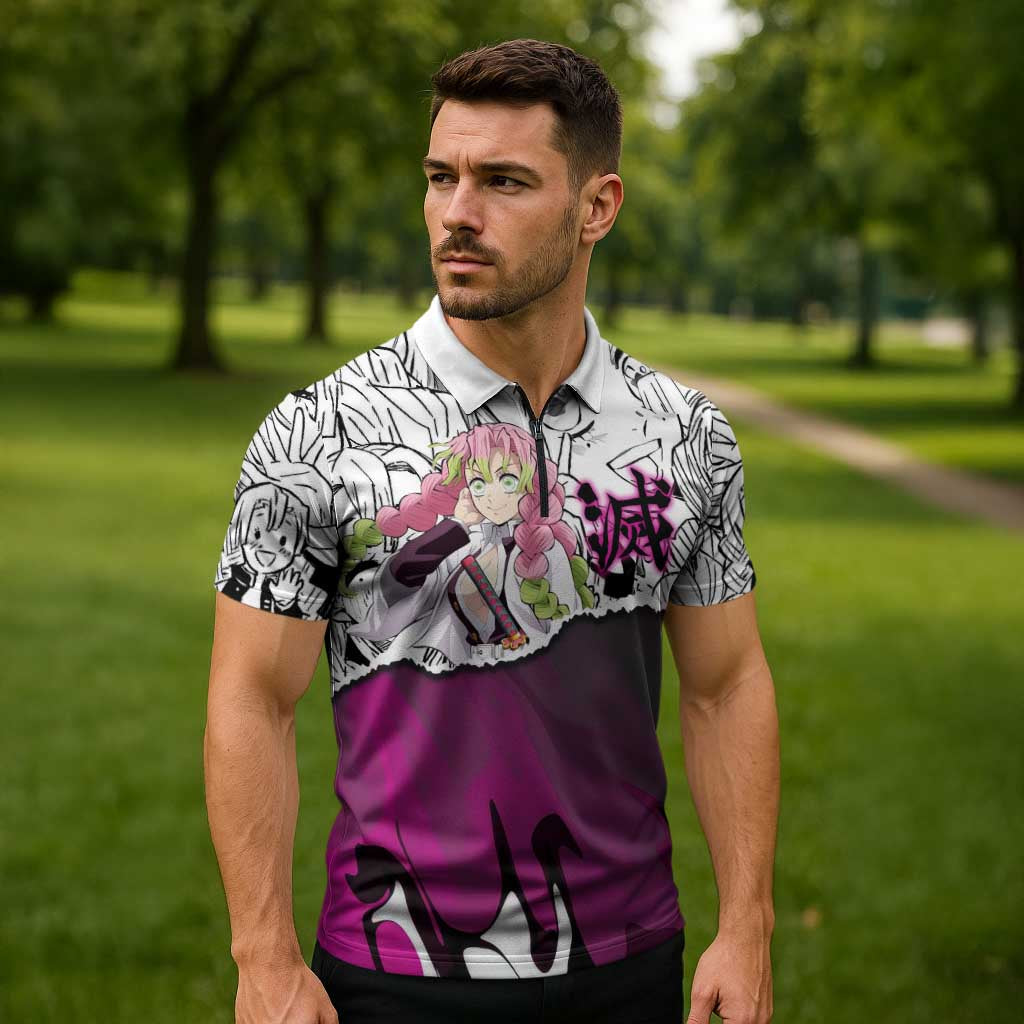 Mitsuri Kanroji Demon Slayer Manga Collage Zipper Polo Shirt with Pink and Purple Love Hashira Aesthetic - The Mazicc