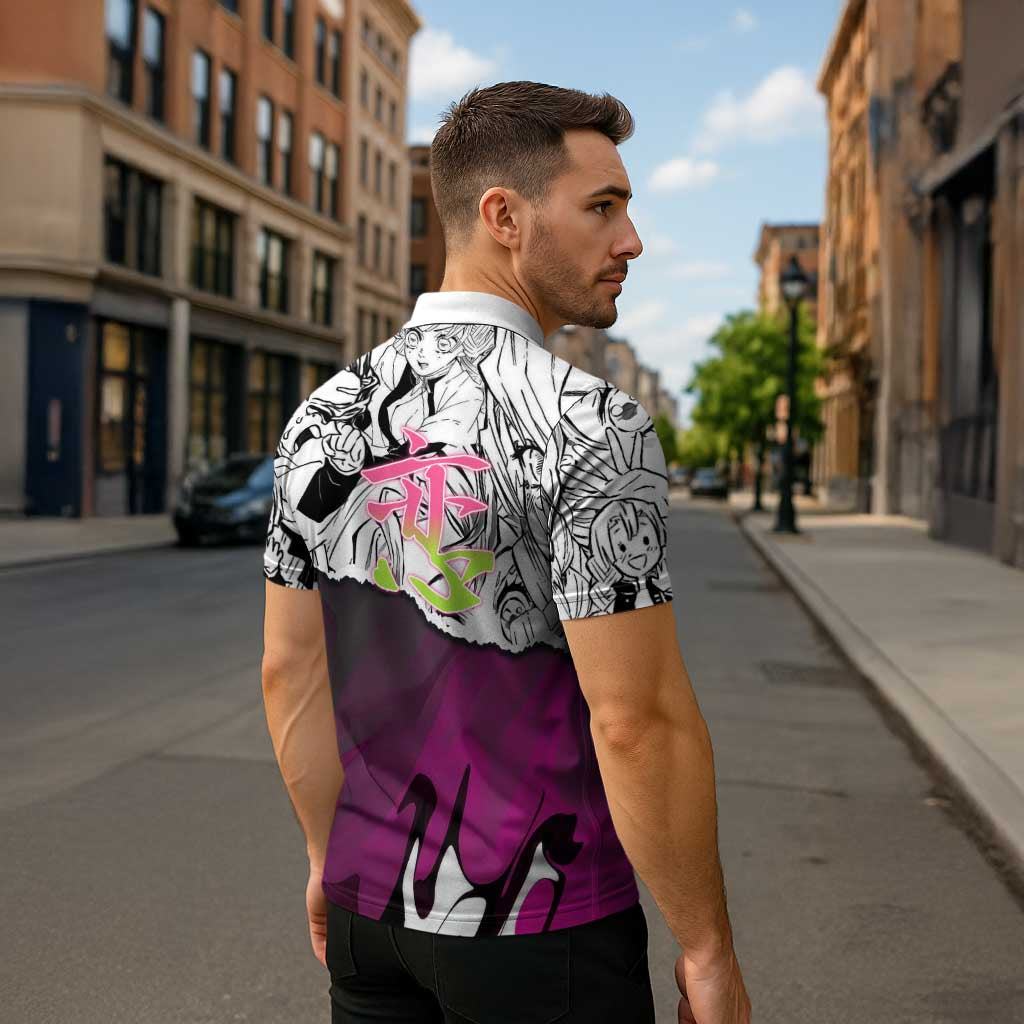 Mitsuri Kanroji Demon Slayer Manga Collage Zipper Polo Shirt with Pink and Purple Love Hashira Aesthetic - The Mazicc