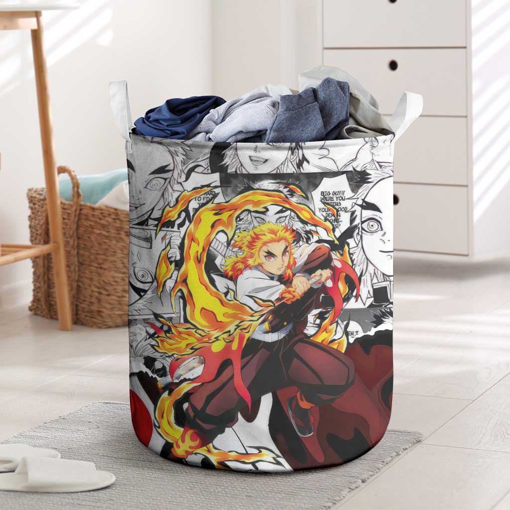 Kyojuro Rengoku Demon Slayer Flame Hashira Design Laundry Basket with Manga Panels and Fiery Sword Artwork - The Mazicc