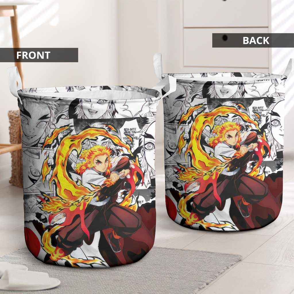 Kyojuro Rengoku Demon Slayer Flame Hashira Design Laundry Basket with Manga Panels and Fiery Sword Artwork - The Mazicc