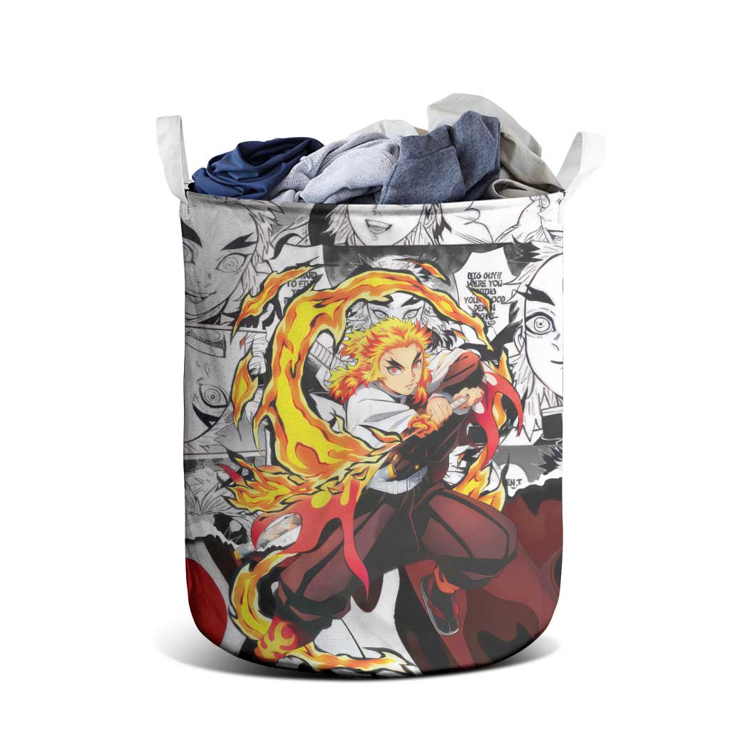 Kyojuro Rengoku Demon Slayer Flame Hashira Design Laundry Basket with Manga Panels and Fiery Sword Artwork - The Mazicc