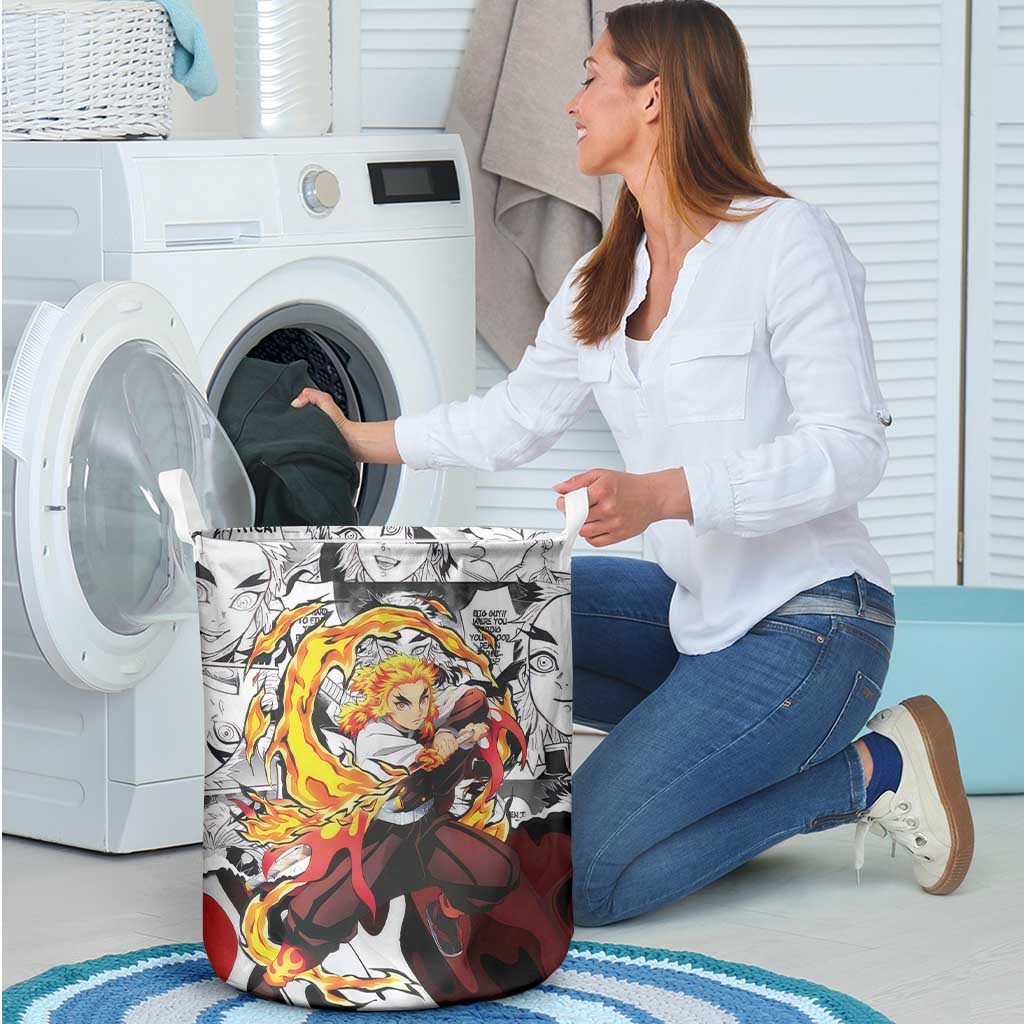 Kyojuro Rengoku Demon Slayer Flame Hashira Design Laundry Basket with Manga Panels and Fiery Sword Artwork - The Mazicc