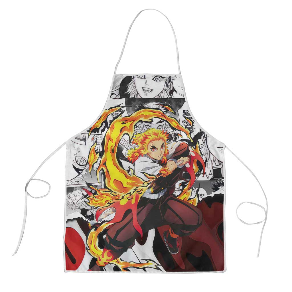Kyojuro Rengoku Demon Slayer Flame Hashira Design Apron with Manga Panels and Fiery Sword Artwork - The Mazicc