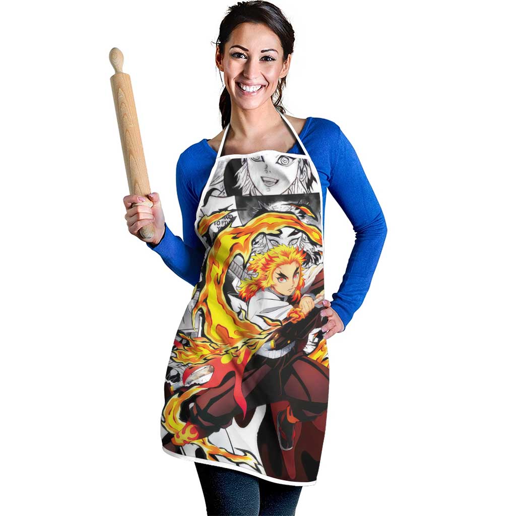 Kyojuro Rengoku Demon Slayer Flame Hashira Design Apron with Manga Panels and Fiery Sword Artwork - The Mazicc