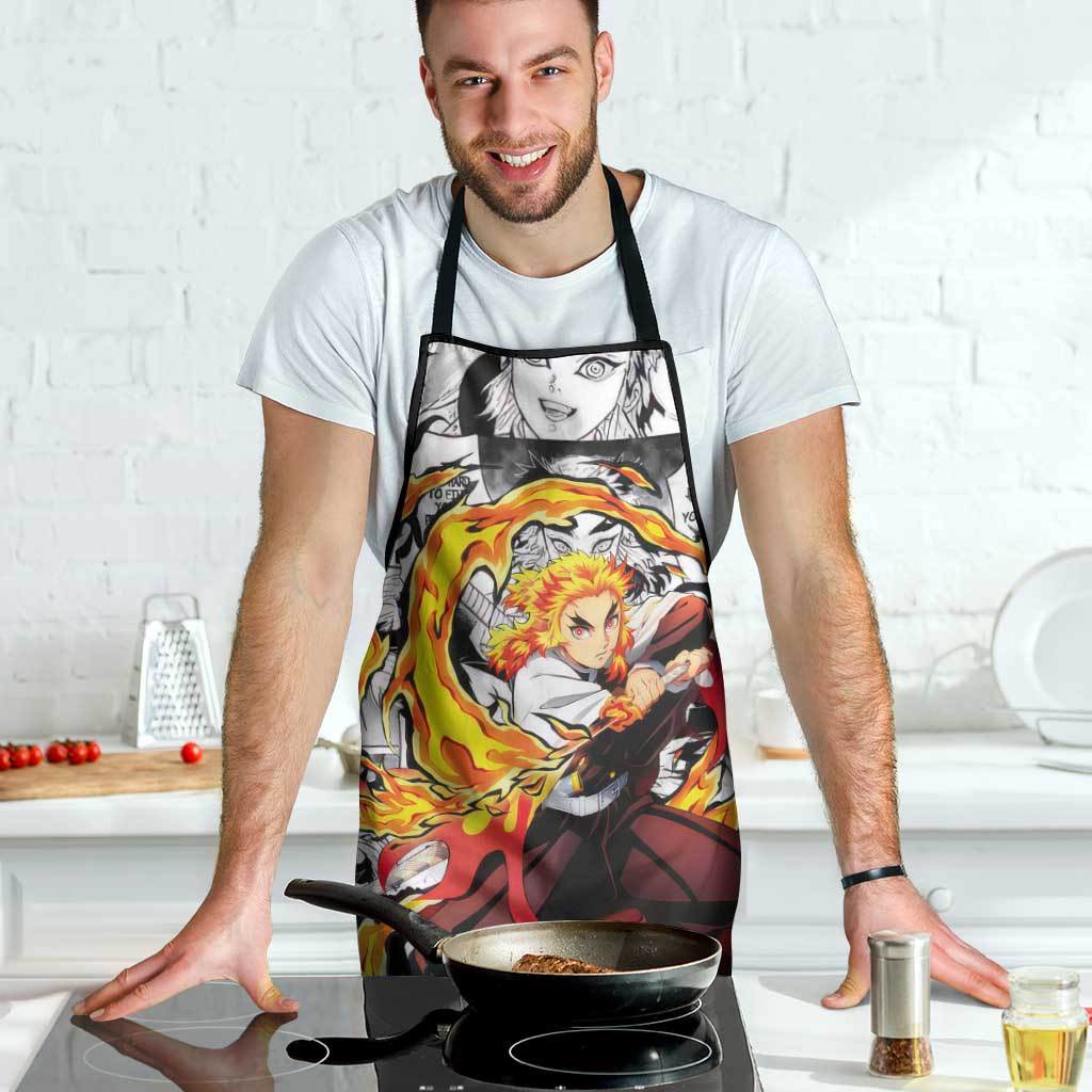 Kyojuro Rengoku Demon Slayer Flame Hashira Design Apron with Manga Panels and Fiery Sword Artwork - The Mazicc