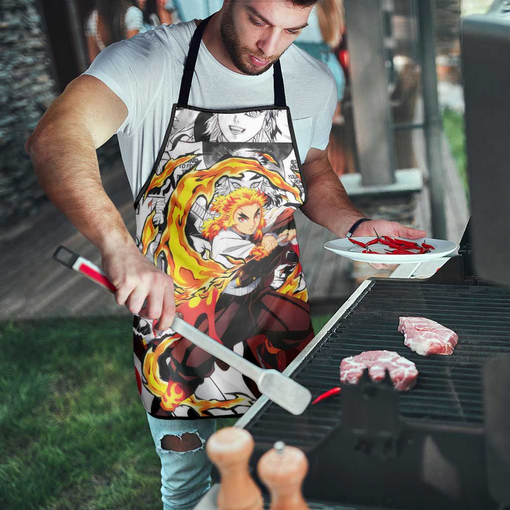 Kyojuro Rengoku Demon Slayer Flame Hashira Design Apron with Manga Panels and Fiery Sword Artwork - The Mazicc