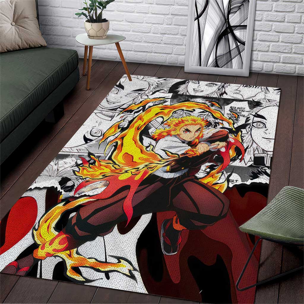 Kyojuro Rengoku Demon Slayer Flame Hashira Design Area Rug with Manga Panels and Fiery Sword Artwork - The Mazicc
