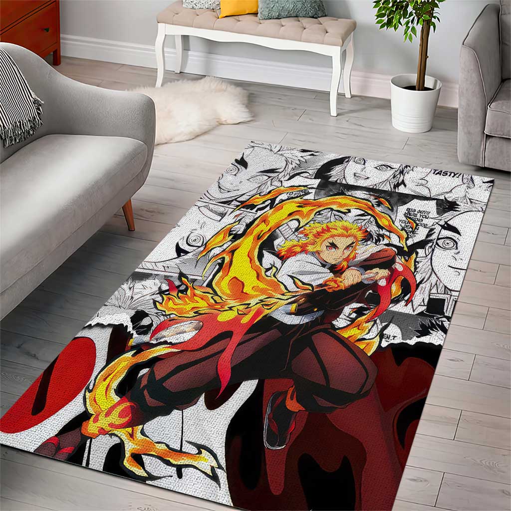 Kyojuro Rengoku Demon Slayer Flame Hashira Design Area Rug with Manga Panels and Fiery Sword Artwork - The Mazicc