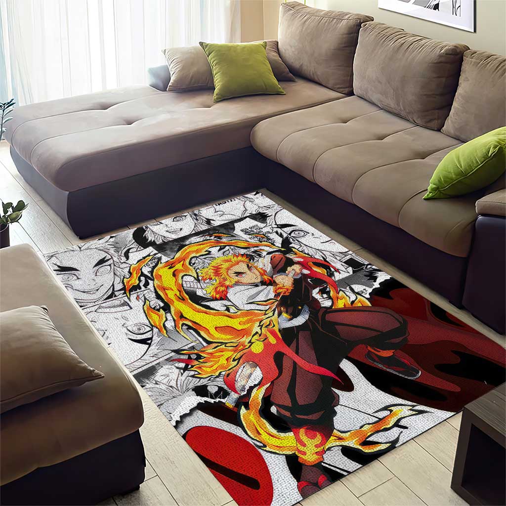 Kyojuro Rengoku Demon Slayer Flame Hashira Design Area Rug with Manga Panels and Fiery Sword Artwork - The Mazicc