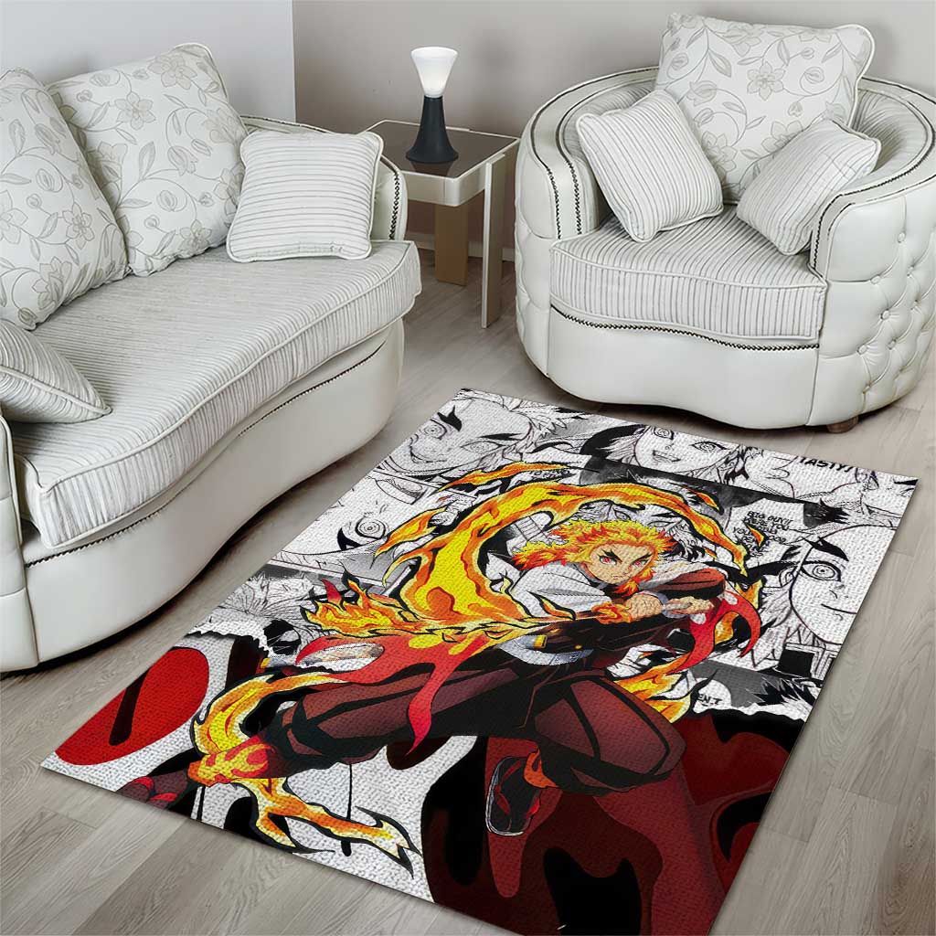 Kyojuro Rengoku Demon Slayer Flame Hashira Design Area Rug with Manga Panels and Fiery Sword Artwork - The Mazicc