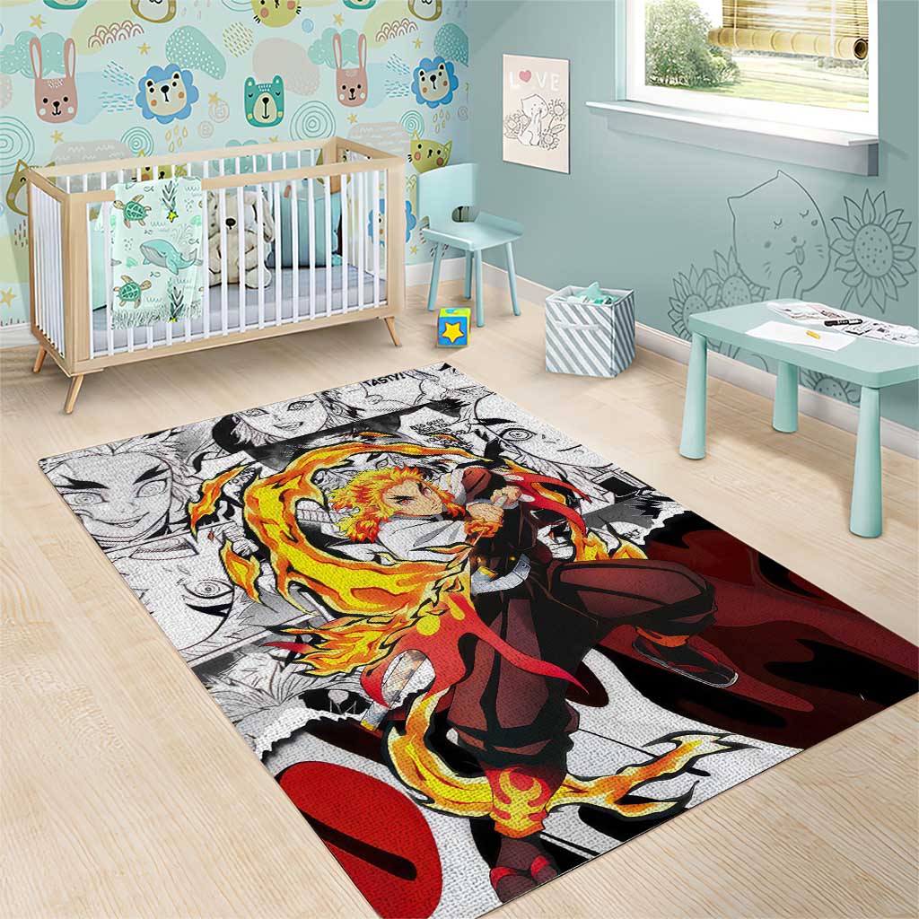 Kyojuro Rengoku Demon Slayer Flame Hashira Design Area Rug with Manga Panels and Fiery Sword Artwork - The Mazicc