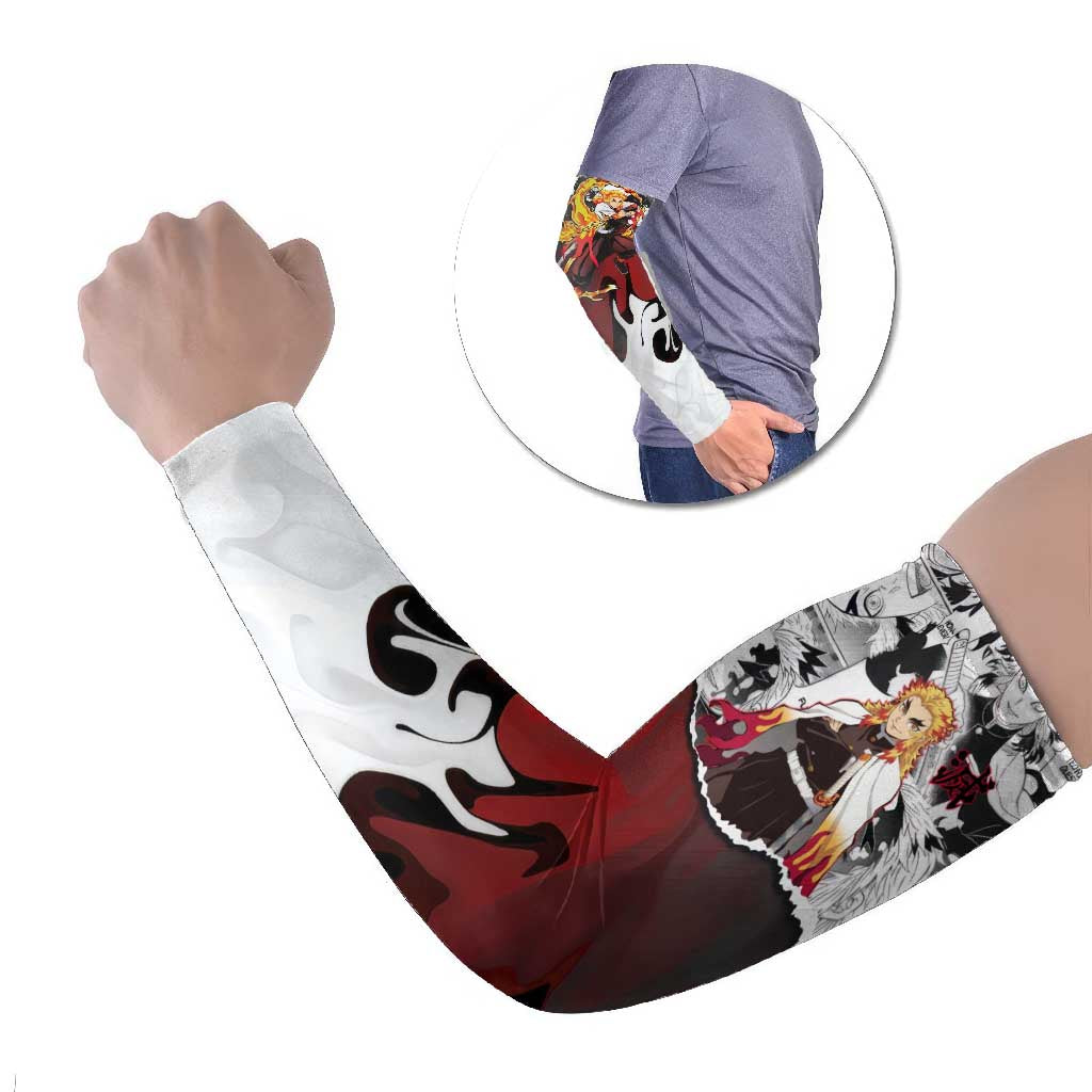 Kyojuro Rengoku Demon Slayer Flame Hashira Design Arm Sleeves with Manga Panels and Fiery Sword Artwork - The Mazicc
