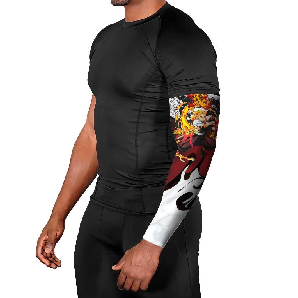 Kyojuro Rengoku Demon Slayer Flame Hashira Design Arm Sleeves with Manga Panels and Fiery Sword Artwork - The Mazicc