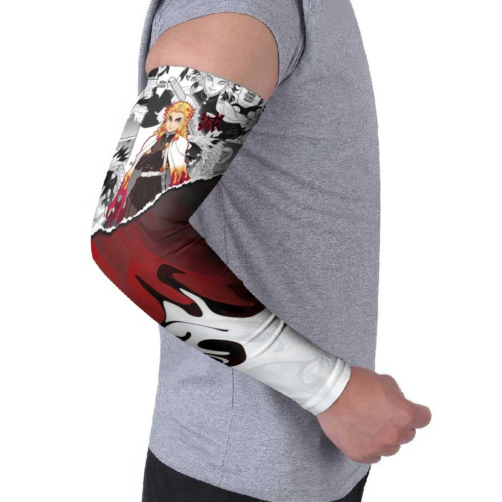 Kyojuro Rengoku Demon Slayer Flame Hashira Design Arm Sleeves with Manga Panels and Fiery Sword Artwork - The Mazicc