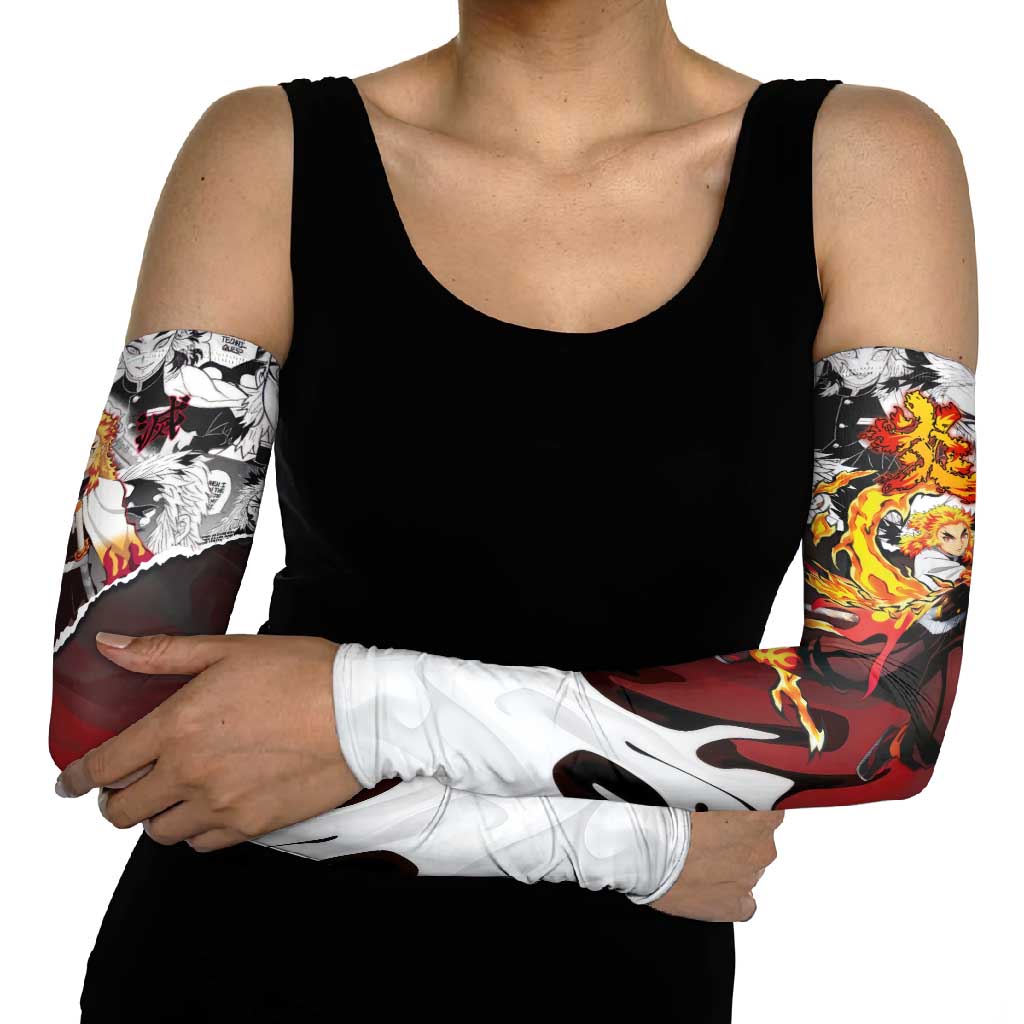 Kyojuro Rengoku Demon Slayer Flame Hashira Design Arm Sleeves with Manga Panels and Fiery Sword Artwork - The Mazicc