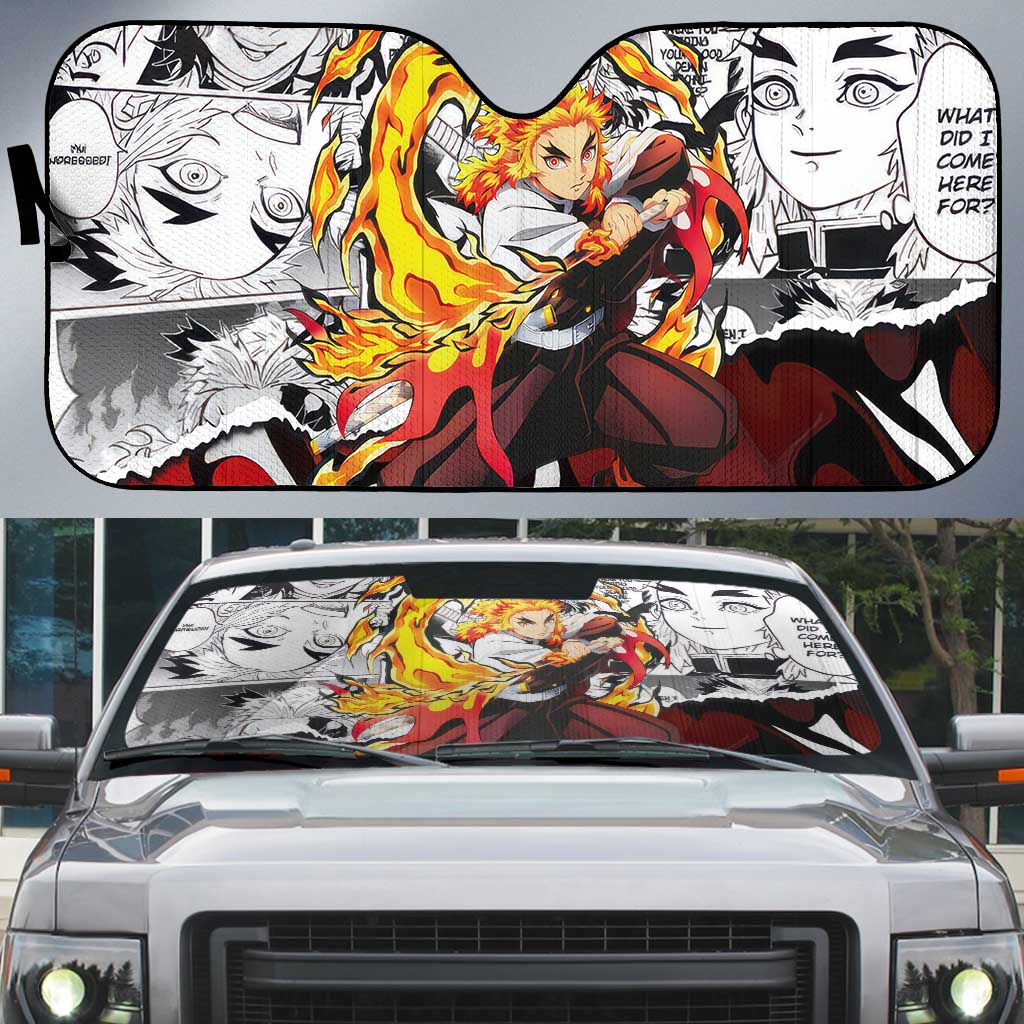 Kyojuro Rengoku Demon Slayer Flame Hashira Design Auto Sun Shade with Manga Panels and Fiery Sword Artwork - The Mazicc