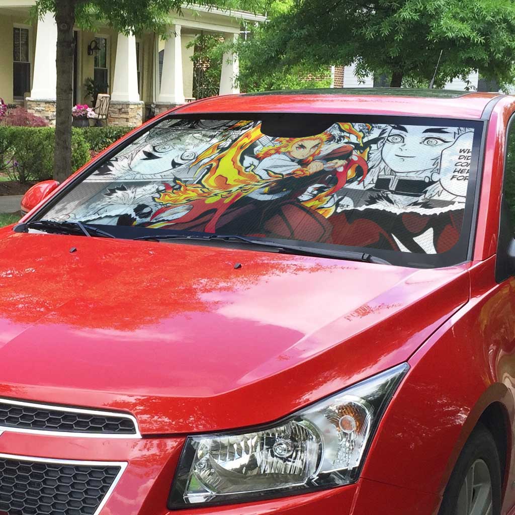 Kyojuro Rengoku Demon Slayer Flame Hashira Design Auto Sun Shade with Manga Panels and Fiery Sword Artwork - The Mazicc