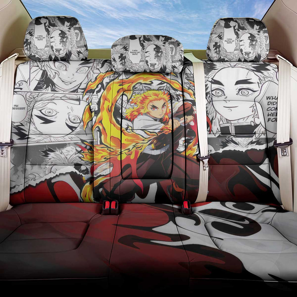 Kyojuro Rengoku Demon Slayer Flame Hashira Design Back Car Seat Cover with Manga Panels and Fiery Sword Artwork - The Mazicc