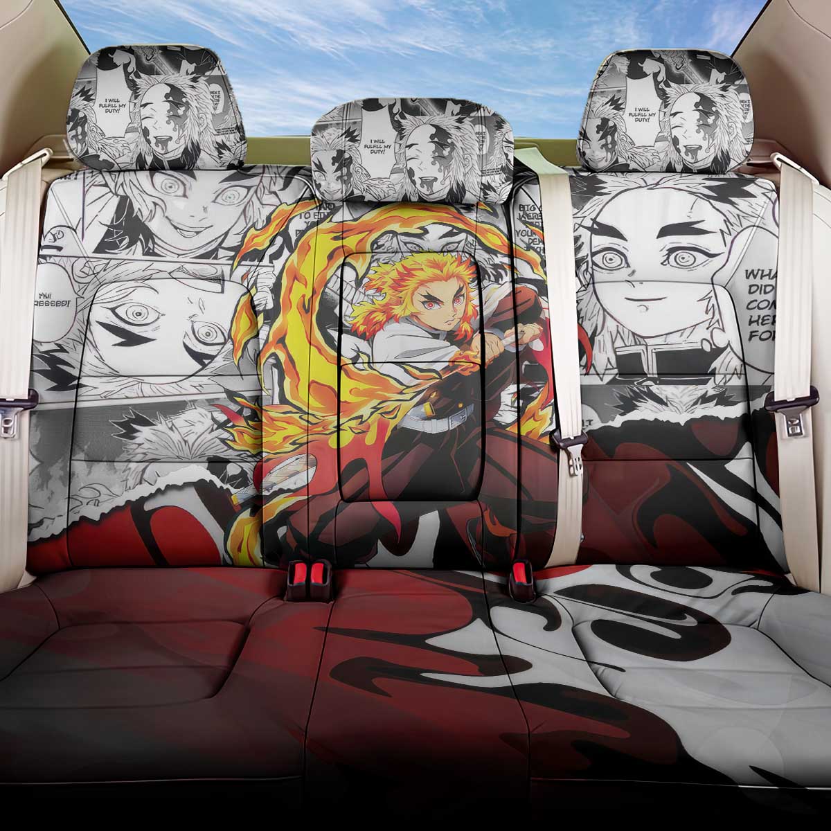Kyojuro Rengoku Demon Slayer Flame Hashira Design Back Car Seat Cover with Manga Panels and Fiery Sword Artwork - The Mazicc