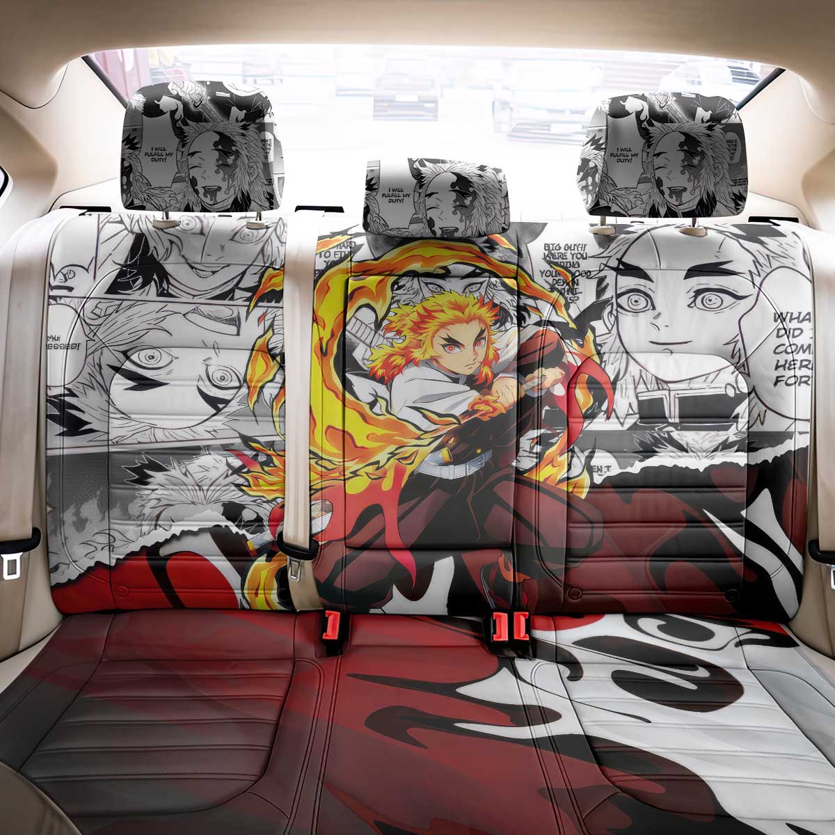 Kyojuro Rengoku Demon Slayer Flame Hashira Design Back Car Seat Cover with Manga Panels and Fiery Sword Artwork - The Mazicc