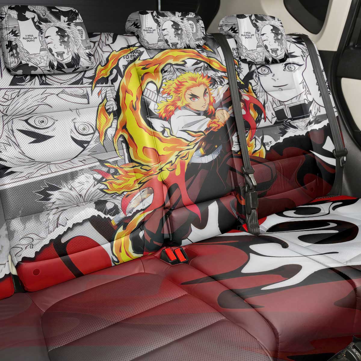Kyojuro Rengoku Demon Slayer Flame Hashira Design Back Car Seat Cover with Manga Panels and Fiery Sword Artwork - The Mazicc