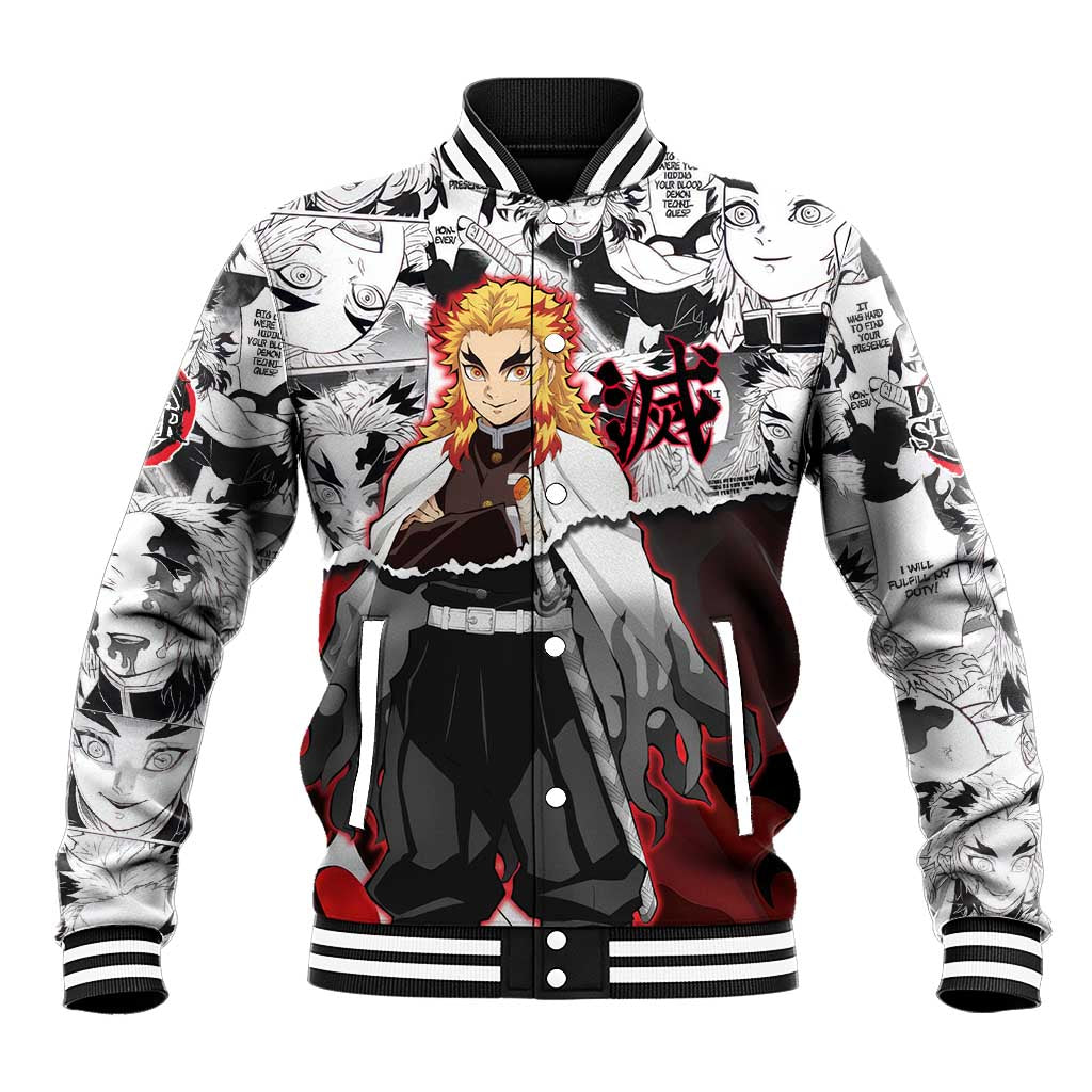 Kyojuro Rengoku Demon Slayer Flame Hashira Design Baseball Jacket with Manga Panels and Fiery Sword Artwork - The Mazicc