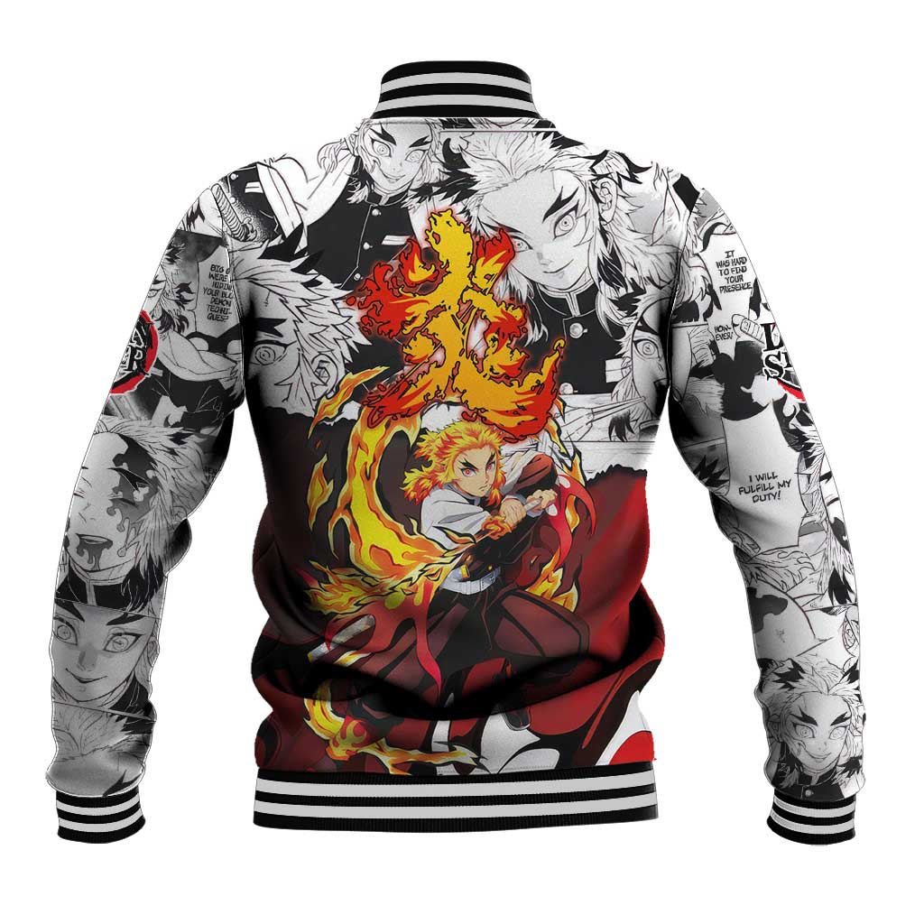 Kyojuro Rengoku Demon Slayer Flame Hashira Design Baseball Jacket with Manga Panels and Fiery Sword Artwork - The Mazicc