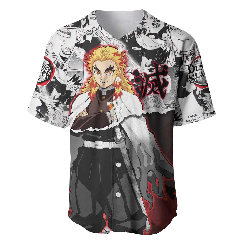 Kyojuro Rengoku Demon Slayer Flame Hashira Design Baseball Jersey with Manga Panels and Fiery Sword Artwork - The Mazicc