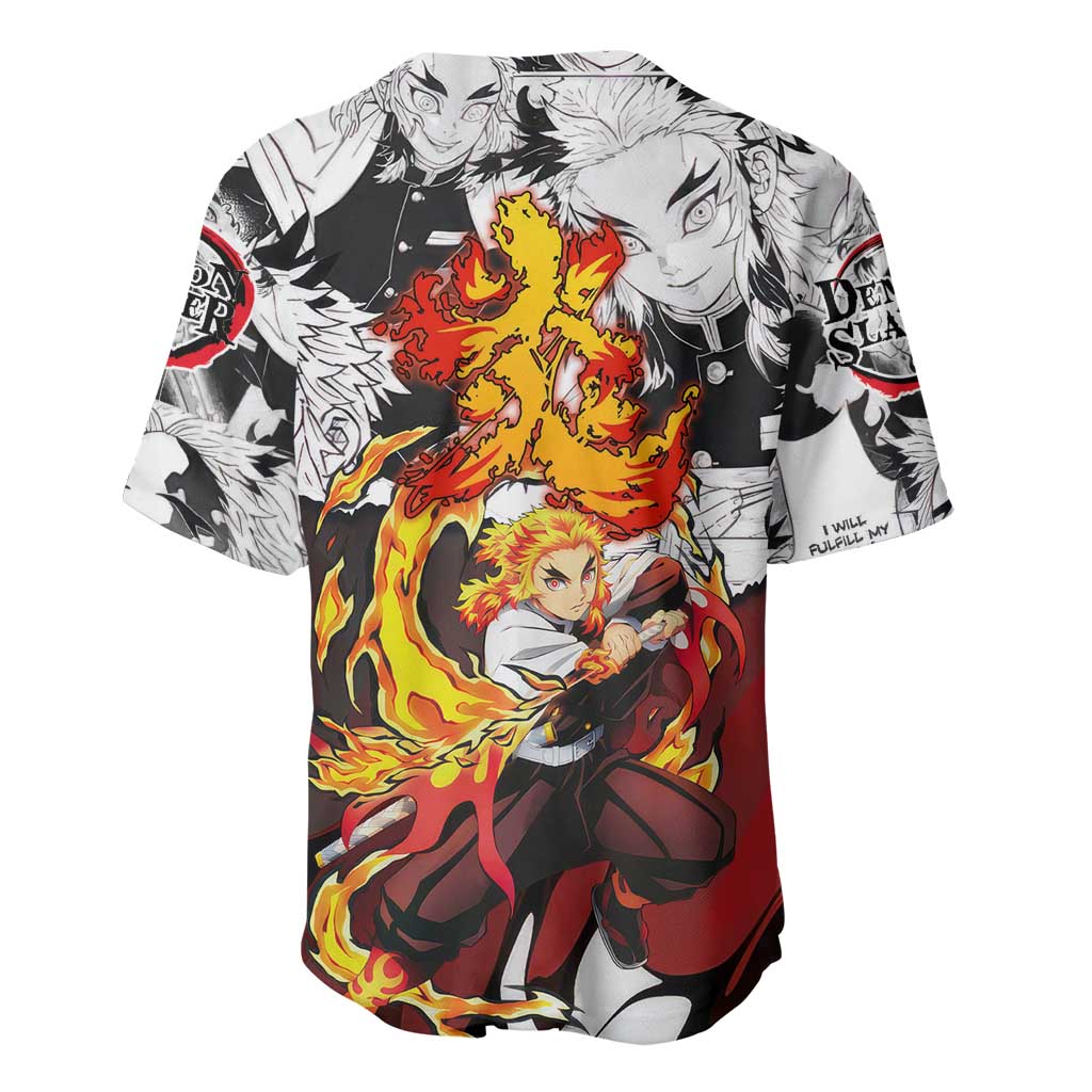 Kyojuro Rengoku Demon Slayer Flame Hashira Design Baseball Jersey with Manga Panels and Fiery Sword Artwork - The Mazicc