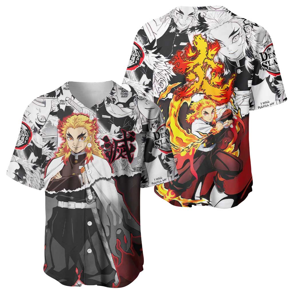 Kyojuro Rengoku Demon Slayer Flame Hashira Design Baseball Jersey with Manga Panels and Fiery Sword Artwork - The Mazicc