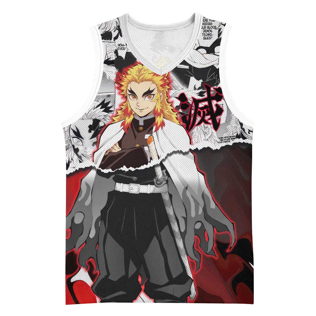 Kyojuro Rengoku Demon Slayer Flame Hashira Design Basketball Jersey with Manga Panels and Fiery Sword Artwork - The Mazicc