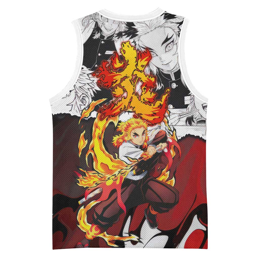 Kyojuro Rengoku Demon Slayer Flame Hashira Design Basketball Jersey with Manga Panels and Fiery Sword Artwork - The Mazicc