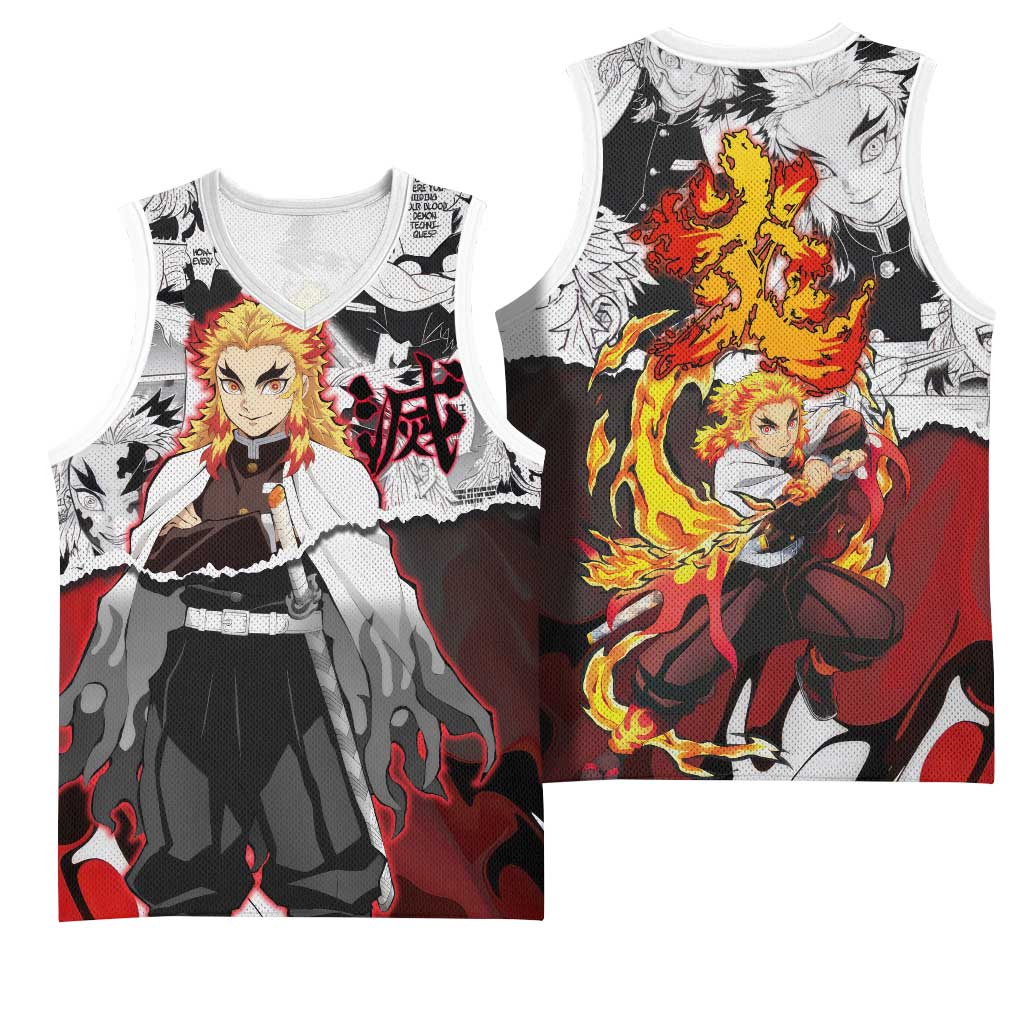 Kyojuro Rengoku Demon Slayer Flame Hashira Design Basketball Jersey with Manga Panels and Fiery Sword Artwork - The Mazicc