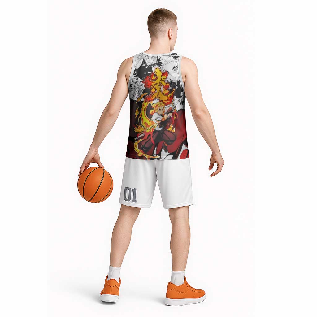 Kyojuro Rengoku Demon Slayer Flame Hashira Design Basketball Jersey with Manga Panels and Fiery Sword Artwork - The Mazicc