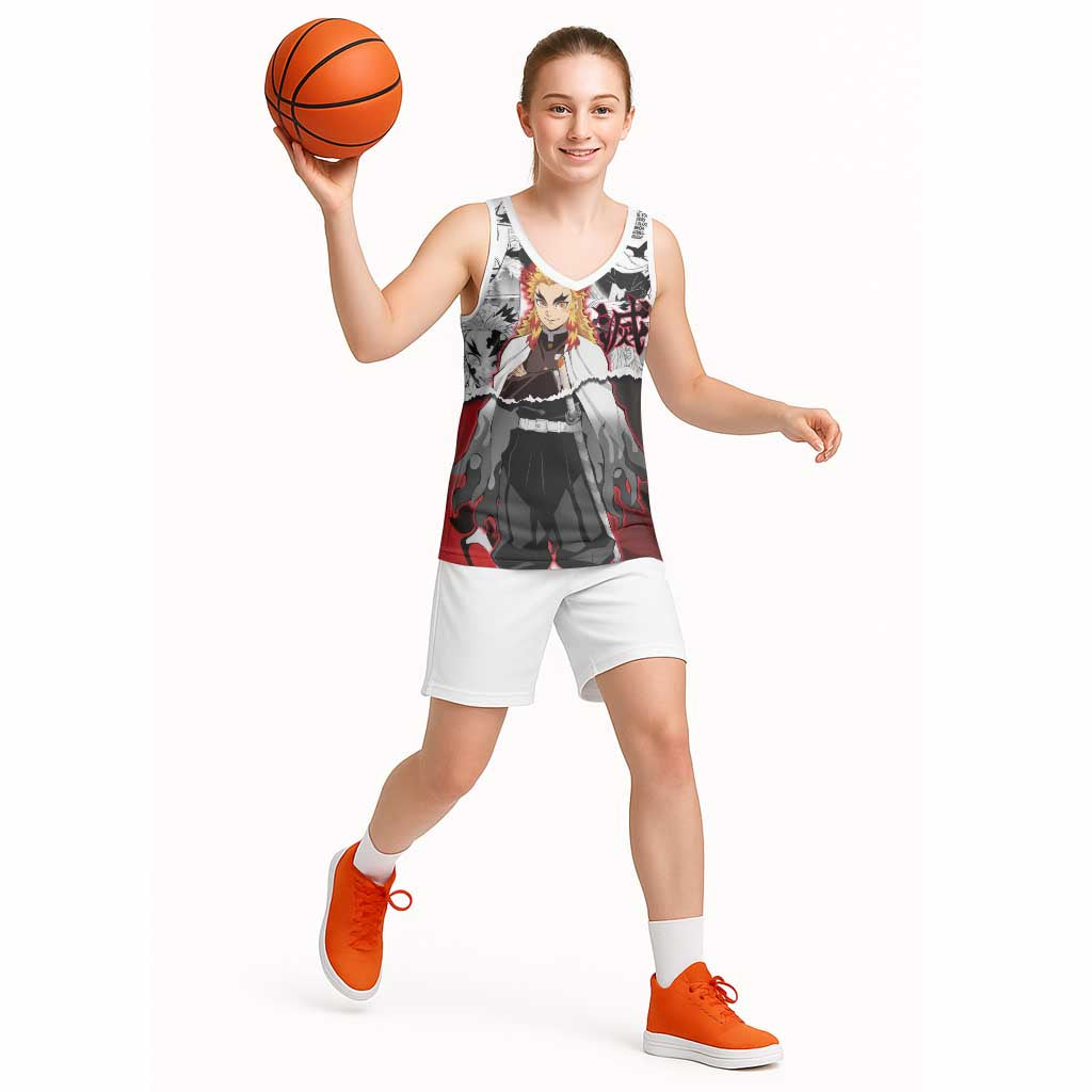Kyojuro Rengoku Demon Slayer Flame Hashira Design Basketball Jersey with Manga Panels and Fiery Sword Artwork - The Mazicc