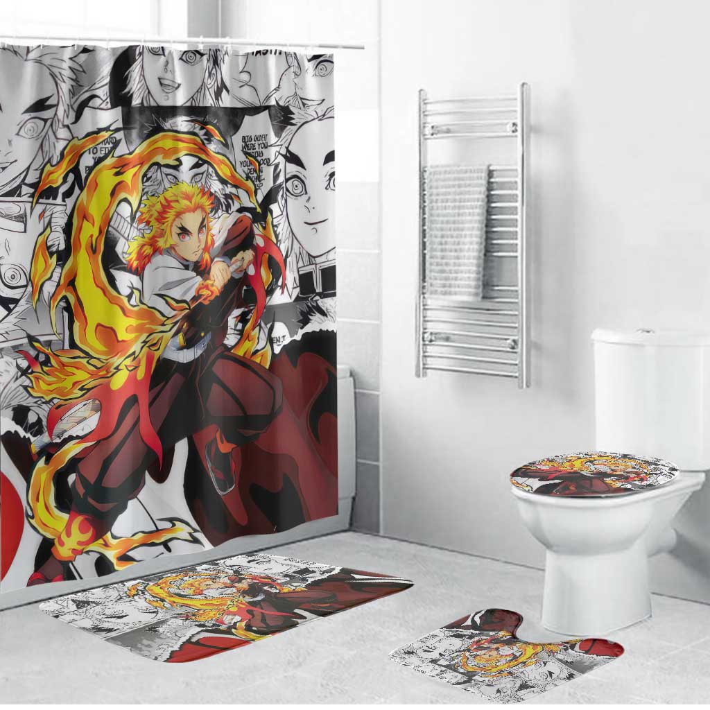 Kyojuro Rengoku Demon Slayer Flame Hashira Design Bathroom Set with Manga Panels and Fiery Sword Artwork - The Mazicc