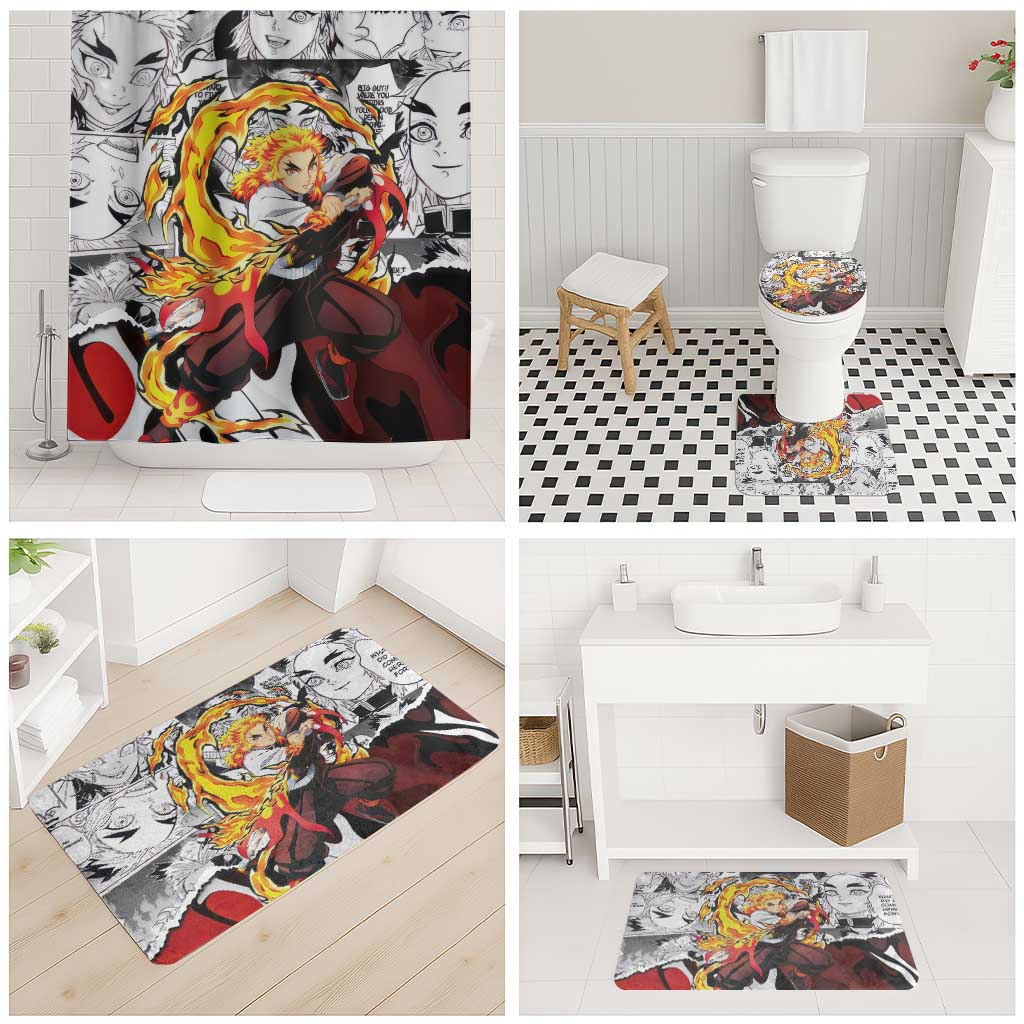 Kyojuro Rengoku Demon Slayer Flame Hashira Design Bathroom Set with Manga Panels and Fiery Sword Artwork - The Mazicc