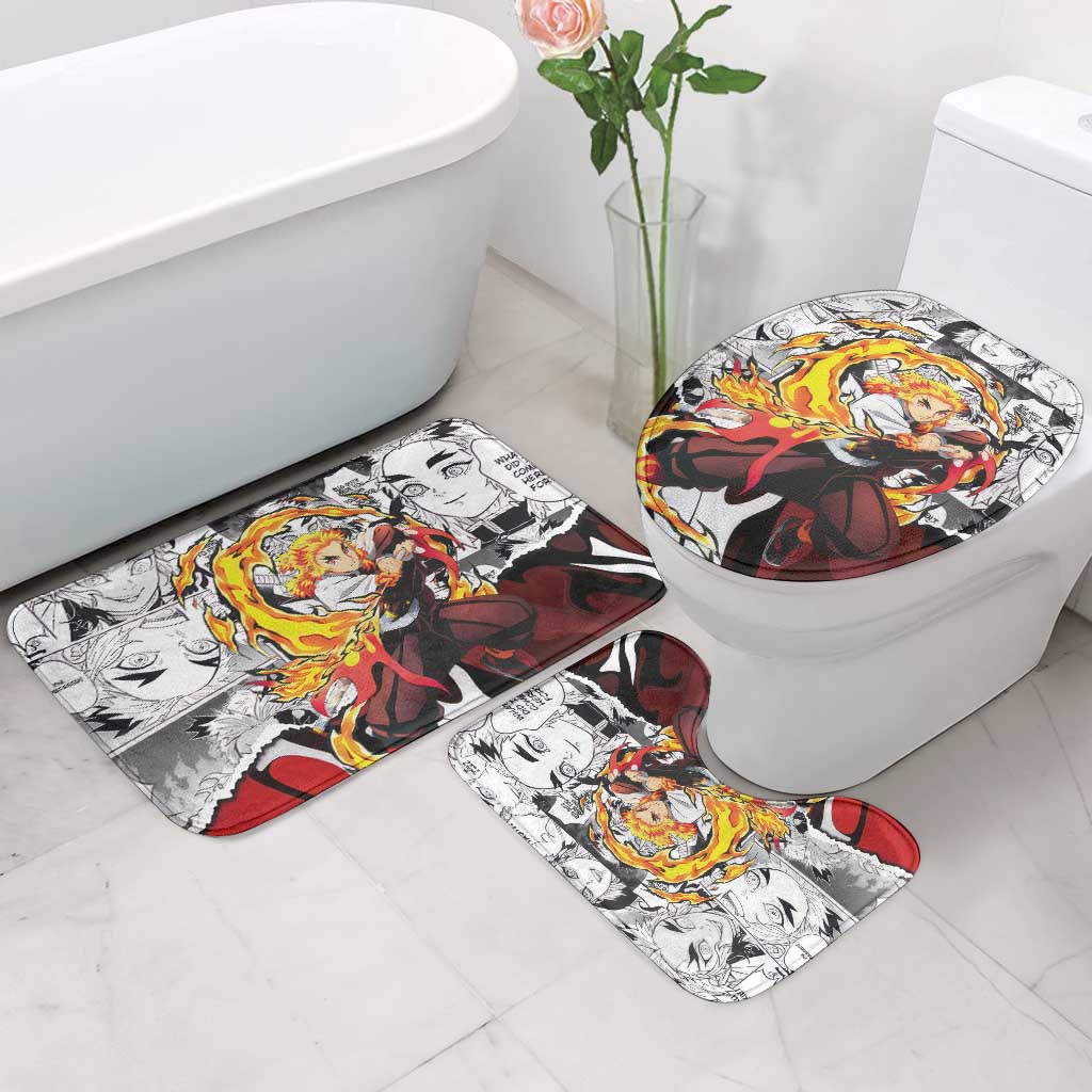 Kyojuro Rengoku Demon Slayer Flame Hashira Design Bathroom Set with Manga Panels and Fiery Sword Artwork - The Mazicc