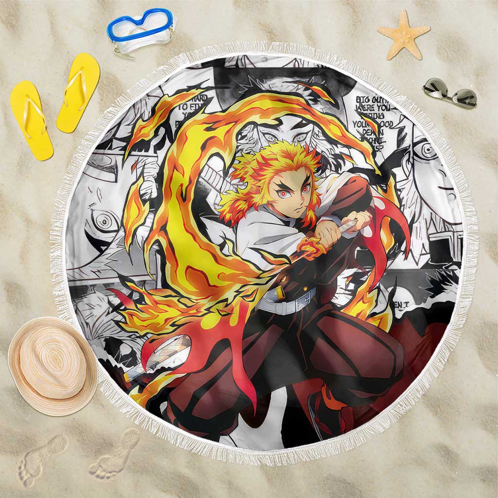 Kyojuro Rengoku Demon Slayer Flame Hashira Design Beach Blanket with Manga Panels and Fiery Sword Artwork - The Mazicc