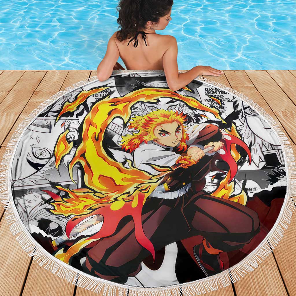 Kyojuro Rengoku Demon Slayer Flame Hashira Design Beach Blanket with Manga Panels and Fiery Sword Artwork - The Mazicc