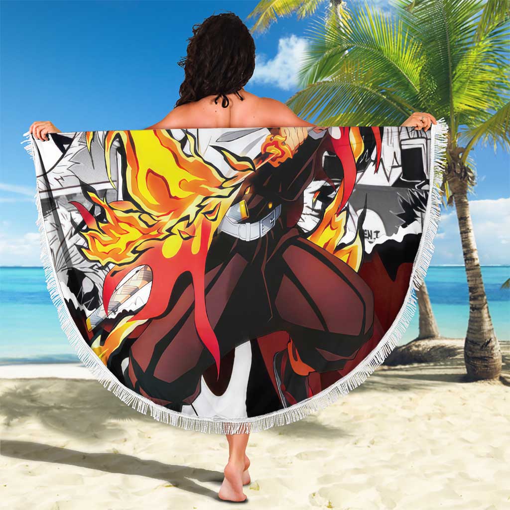 Kyojuro Rengoku Demon Slayer Flame Hashira Design Beach Blanket with Manga Panels and Fiery Sword Artwork - The Mazicc