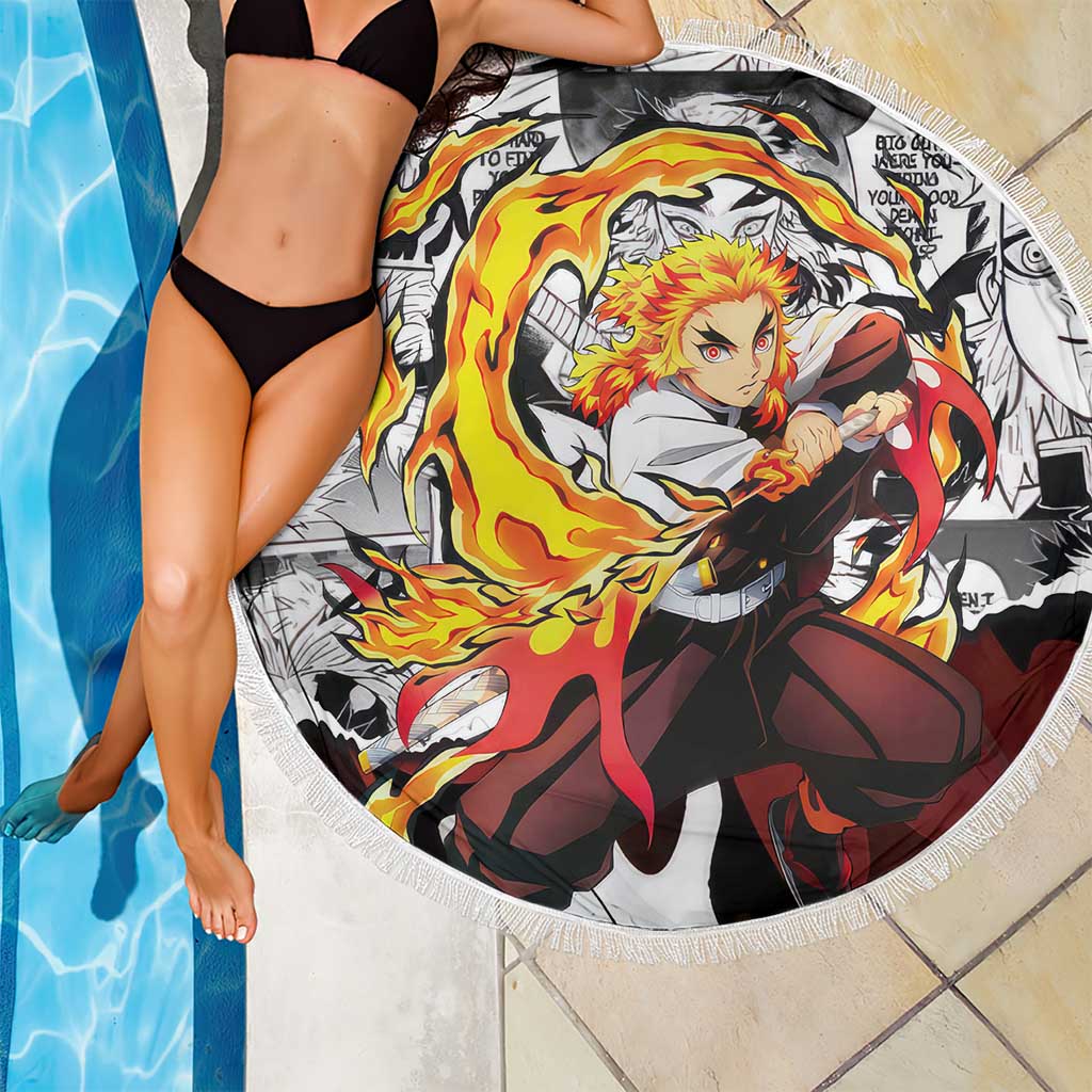 Kyojuro Rengoku Demon Slayer Flame Hashira Design Beach Blanket with Manga Panels and Fiery Sword Artwork - The Mazicc
