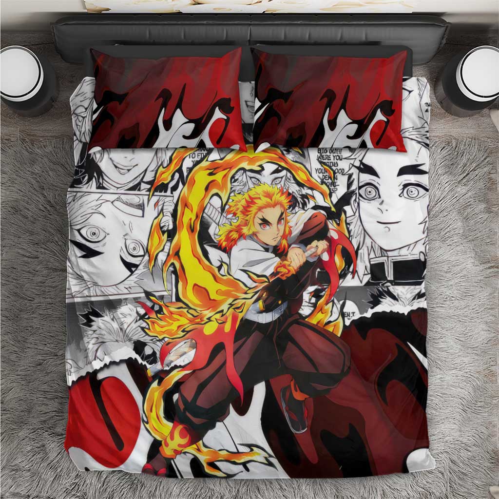 Kyojuro Rengoku Demon Slayer Flame Hashira Design Bedding Set with Manga Panels and Fiery Sword Artwork - The Mazicc