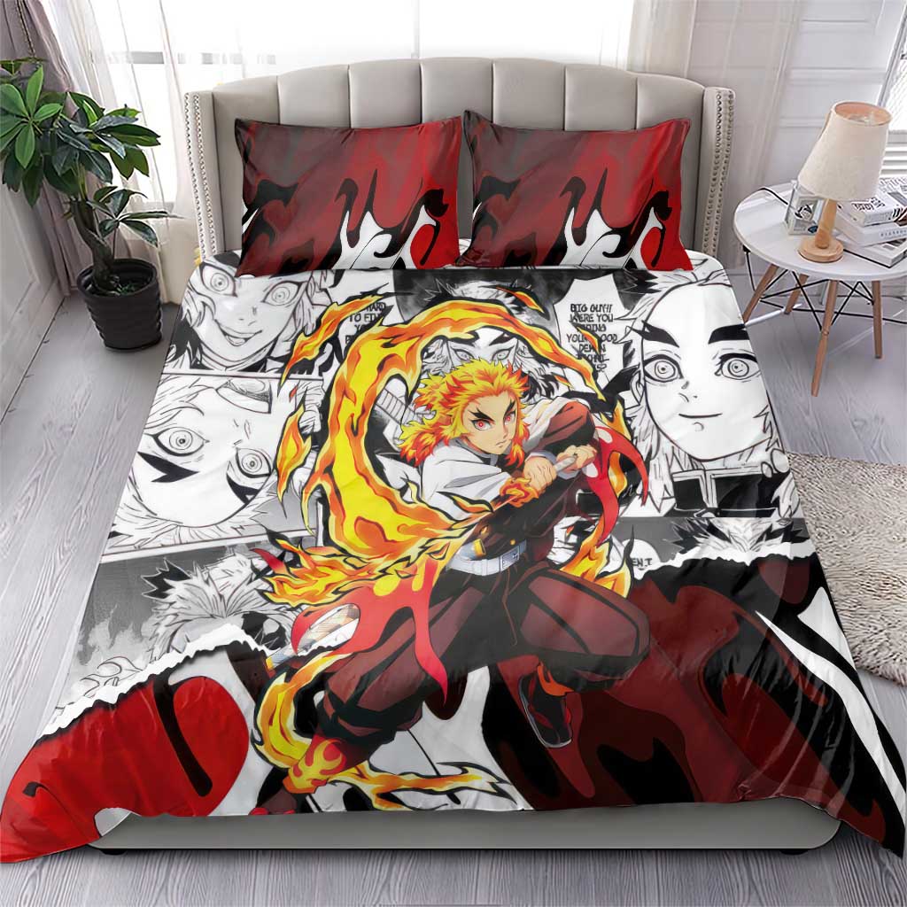 Kyojuro Rengoku Demon Slayer Flame Hashira Design Bedding Set with Manga Panels and Fiery Sword Artwork - The Mazicc