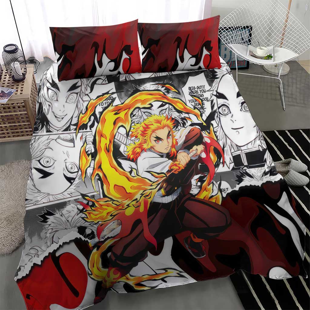 Kyojuro Rengoku Demon Slayer Flame Hashira Design Bedding Set with Manga Panels and Fiery Sword Artwork - The Mazicc