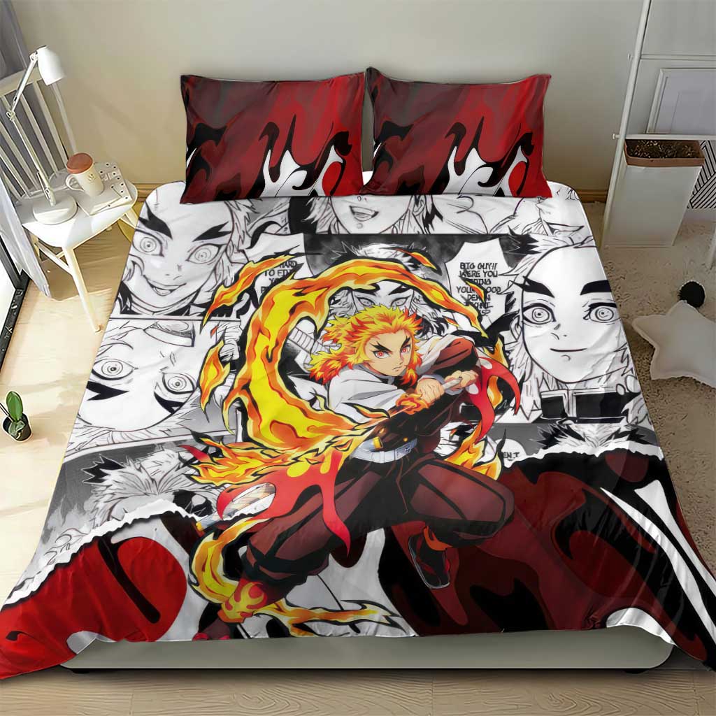 Kyojuro Rengoku Demon Slayer Flame Hashira Design Bedding Set with Manga Panels and Fiery Sword Artwork - The Mazicc
