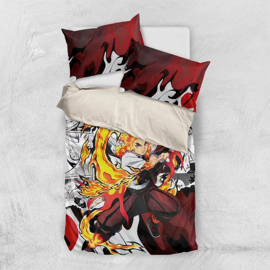 Kyojuro Rengoku Demon Slayer Flame Hashira Design Bedding Set with Manga Panels and Fiery Sword Artwork - The Mazicc