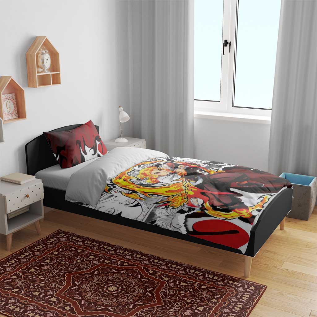 Kyojuro Rengoku Demon Slayer Flame Hashira Design Bedding Set with Manga Panels and Fiery Sword Artwork - The Mazicc