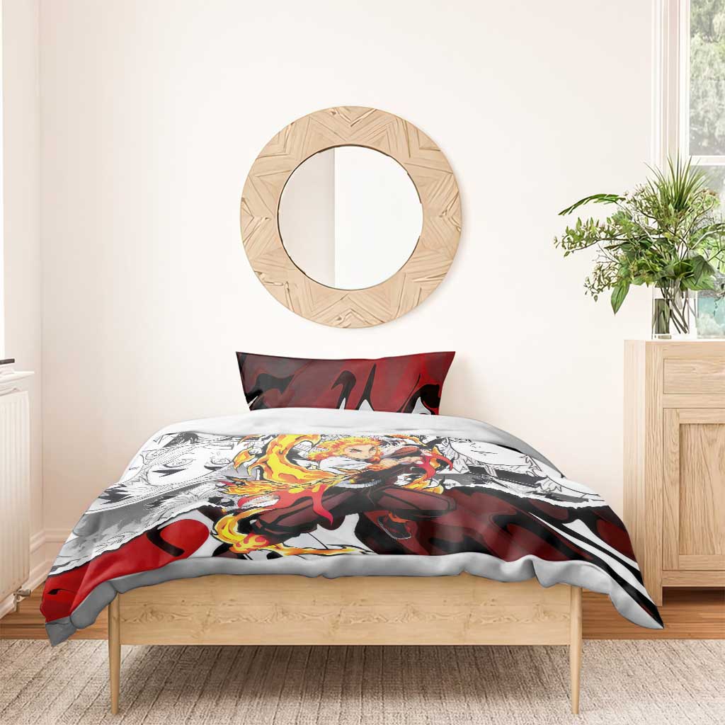 Kyojuro Rengoku Demon Slayer Flame Hashira Design Bedding Set with Manga Panels and Fiery Sword Artwork - The Mazicc